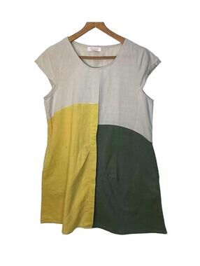 Orange Fashion Village Linen + Cotton Colorblock Mini Dress Tunic Pockets  Med.